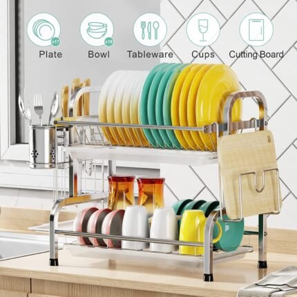 Stainless Steel 2 Tier Dish Rack with Drain Plate