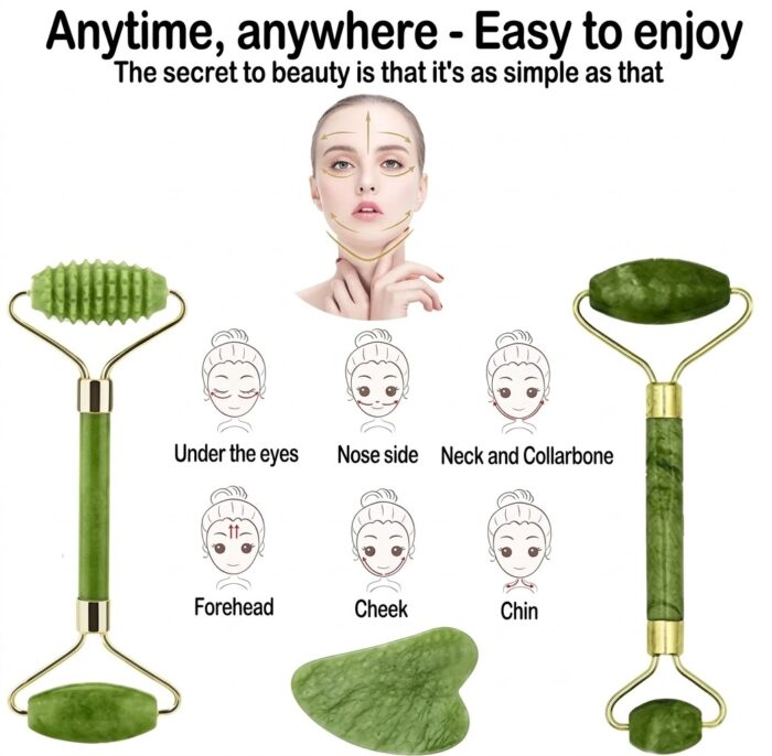 4-Piece Natural Jade Facial Roller & Gua Sha Set - Image 2